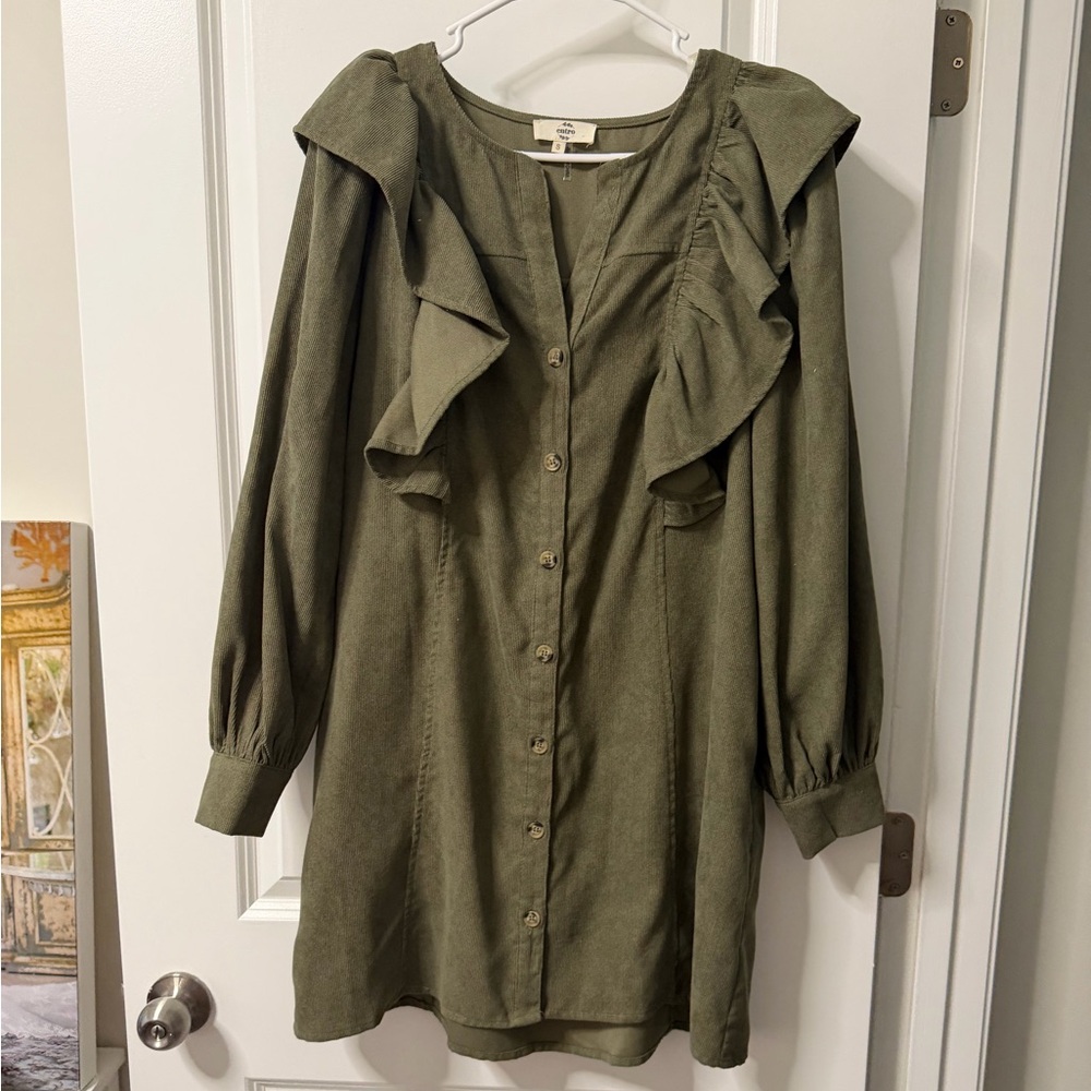 Ruffled Button-Front Shirt Dress in Olive Green